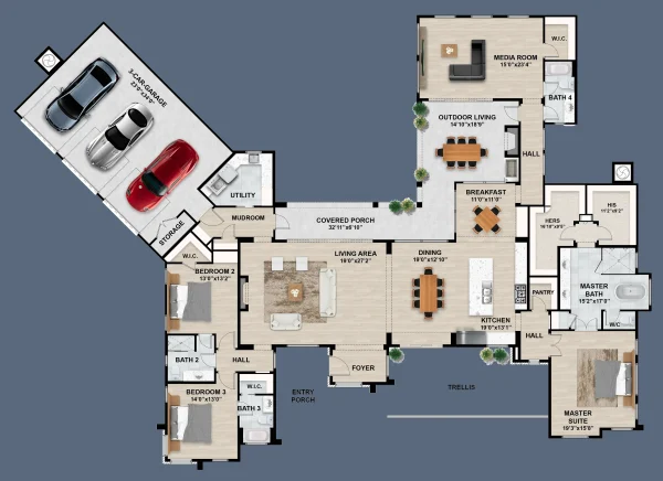 3734JZ Sprawling Contemporary Ranch with Angled 3-Car Garage - Image 2